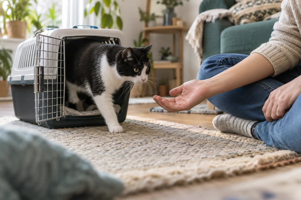 A black-and-white cat approaches a person's open hand after leaving its carrier.