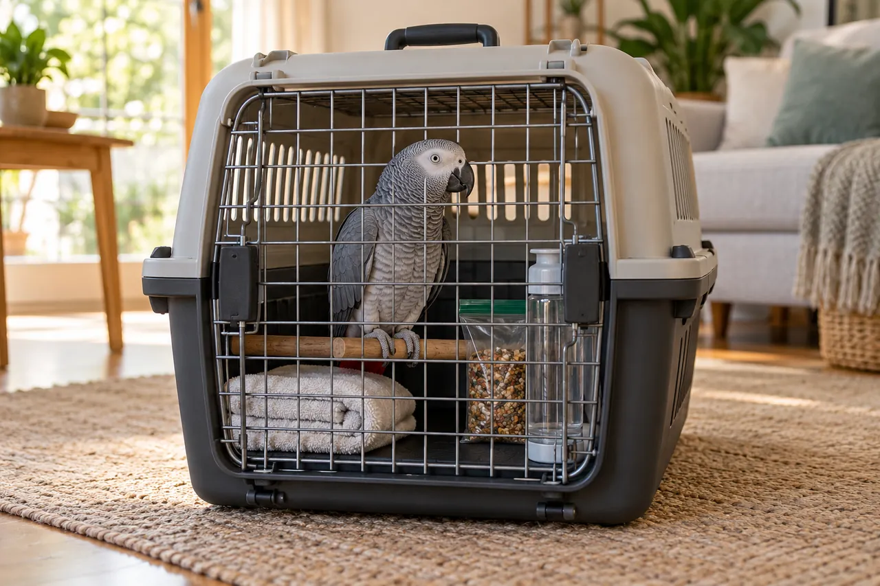 A grey parrot in a travel carrier beside bird food, water and a folded towel.