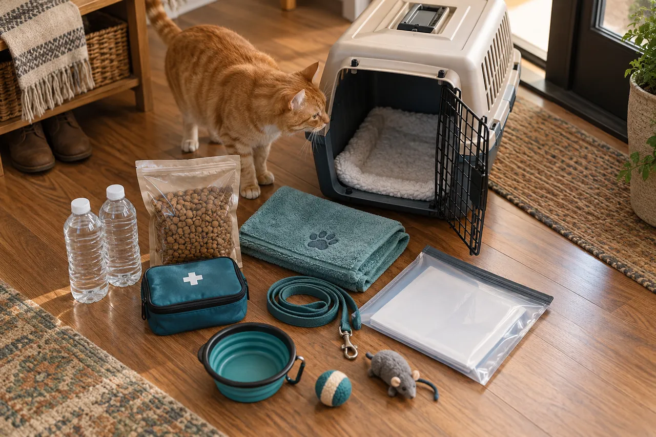 A ginger cat beside a carrier, water, food, towels, a leash and a waterproof records folder.
