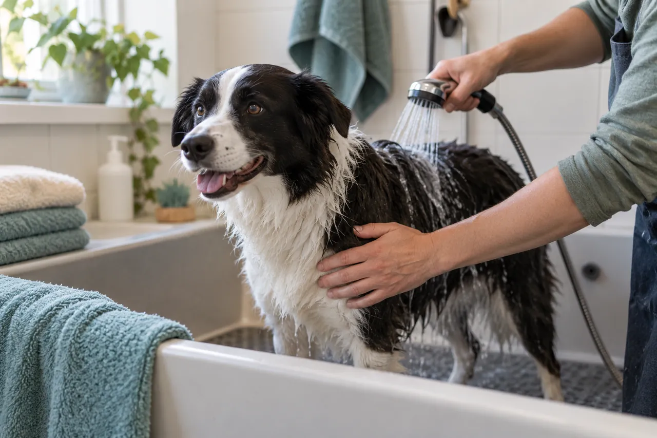 A caregiver gently rinses a calm black-and-white dog in a grooming tub.