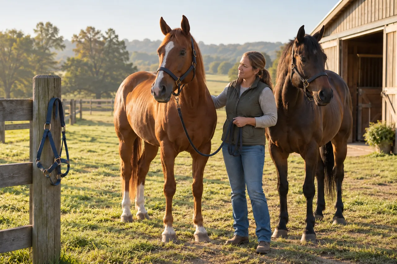 Two horses stand beside a handler in a paddock, with a spare halter nearby.