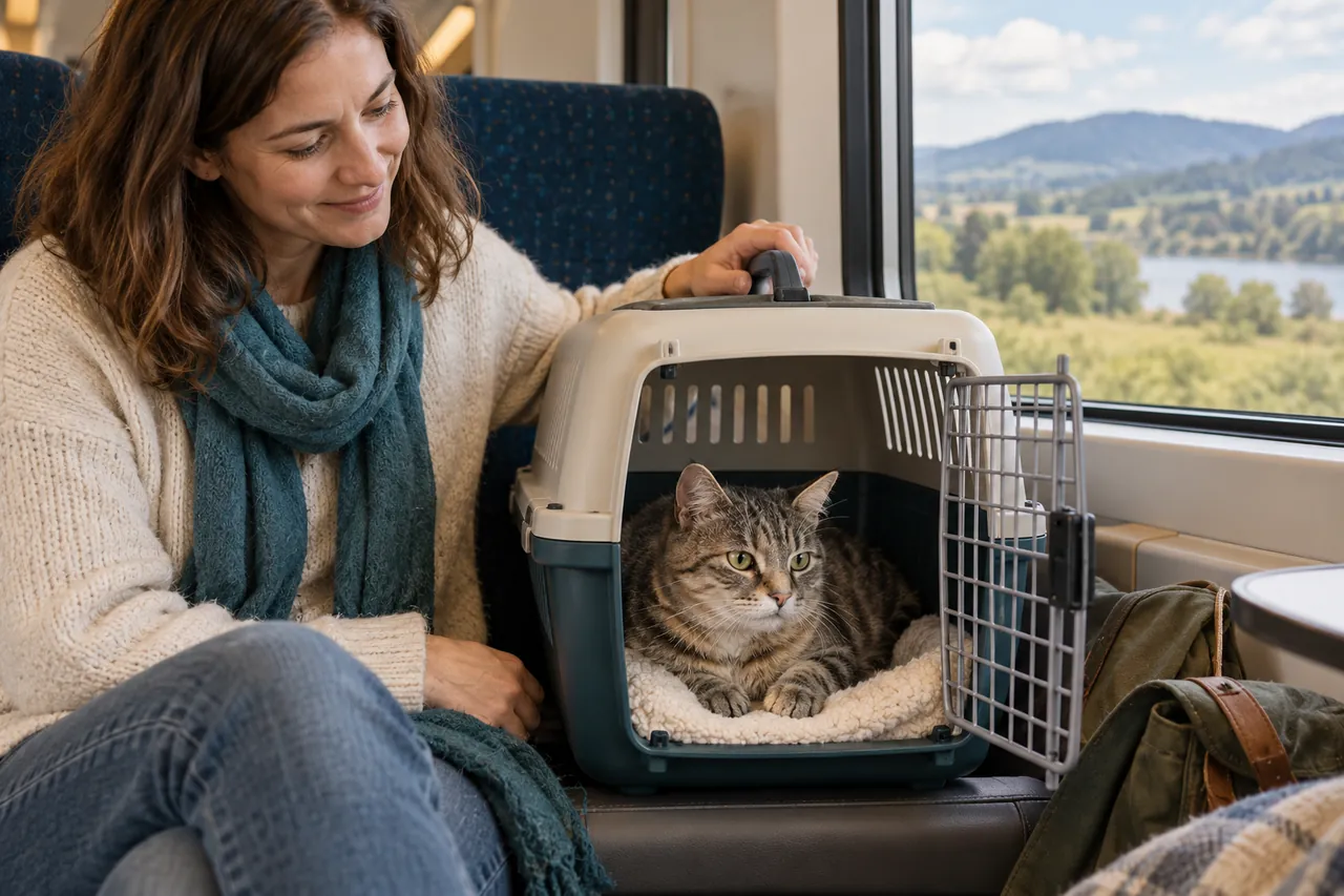 A person sits beside a tabby cat in a carrier while preparing for a train journey.
