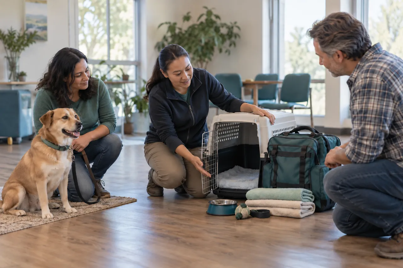 An instructor and two learners discuss a pet carrier and emergency supplies beside a calm dog.