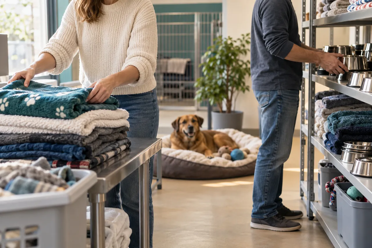 Two volunteers organize clean blankets and bowls while a dog rests nearby.