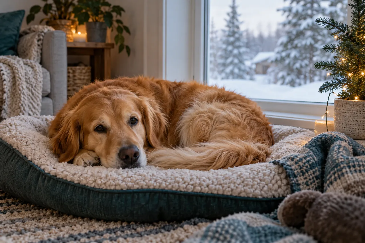 A golden dog rests on a warm bed indoors while snow lies outside the window.